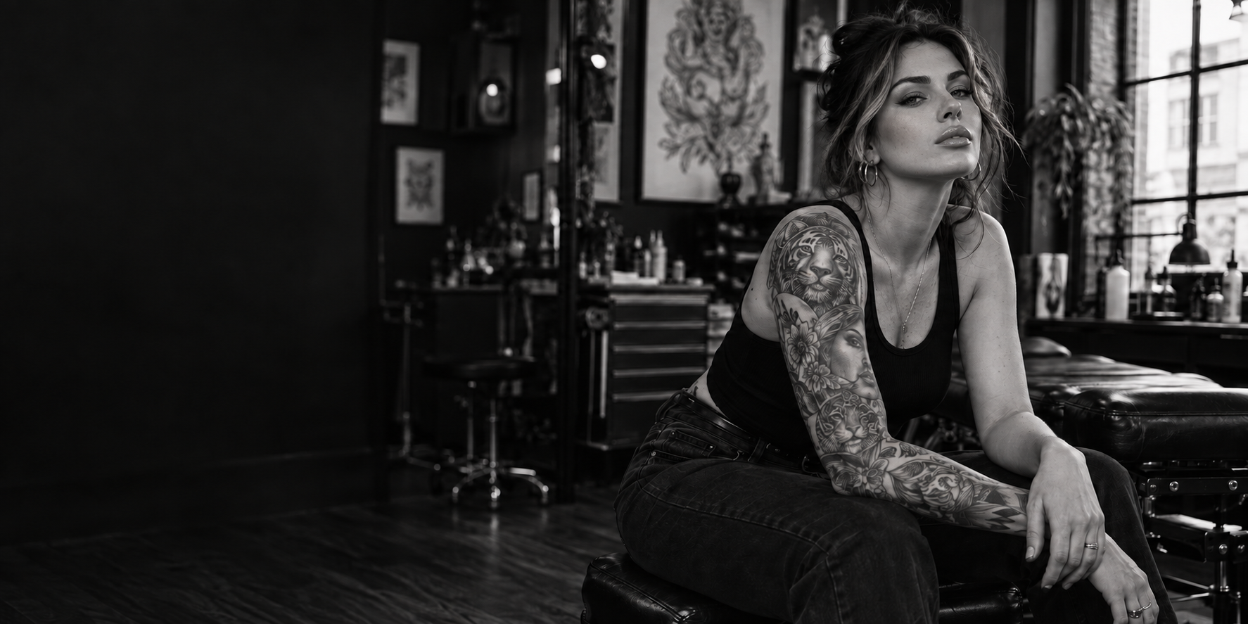 Black-and-white editorial portrait in a tattoo studio